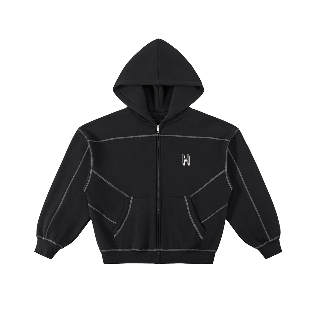 Contrast-Stitched Boxy Fleece Zip Hoodie